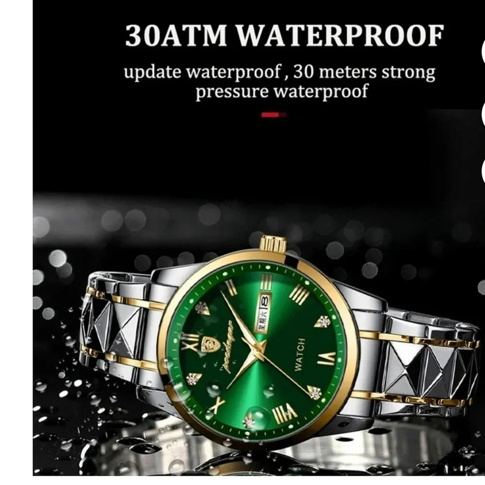 POEDAGAR Men's Watch Date Week Waterproof Luminous Quartz Stainless Steel Green